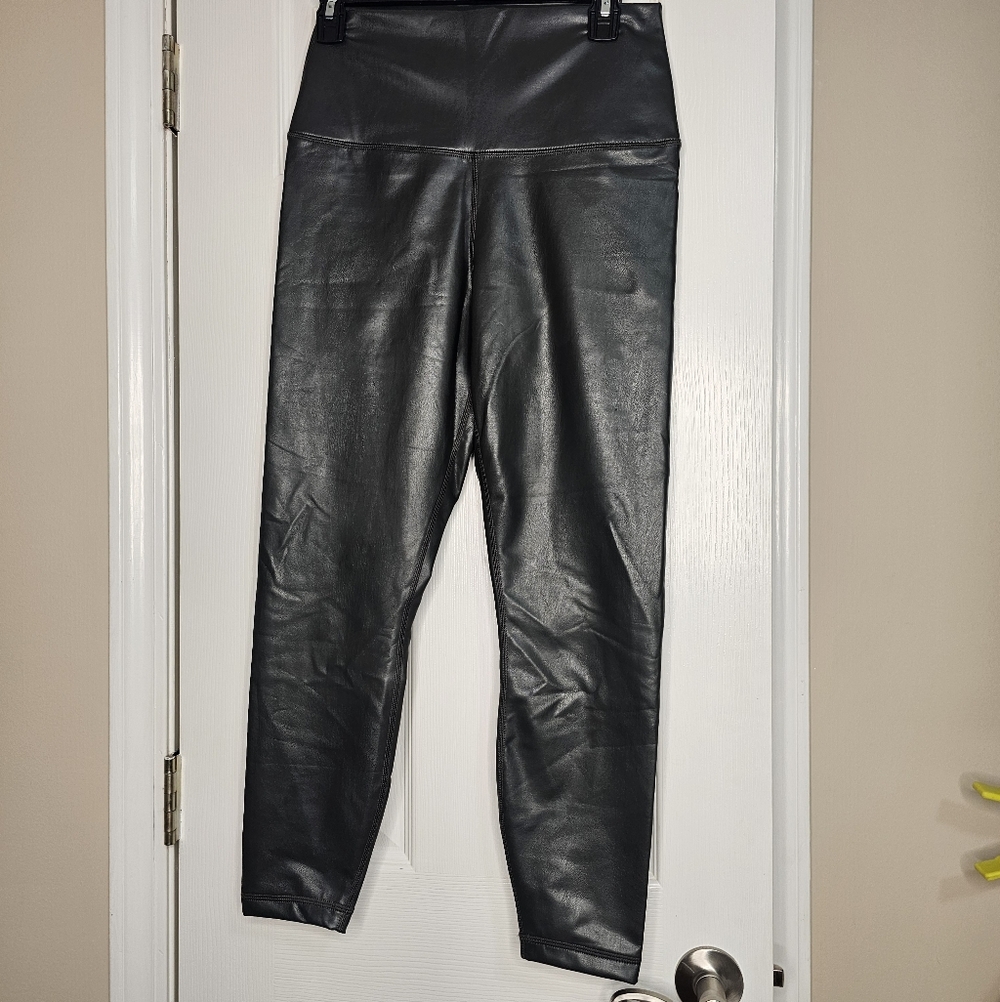 90 Degree By Reflex Faux Leather Leggings High Waist 7/8 Ankle Olive Medium